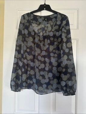 Navy and Light Gray Polka Dot Sheer Blouse